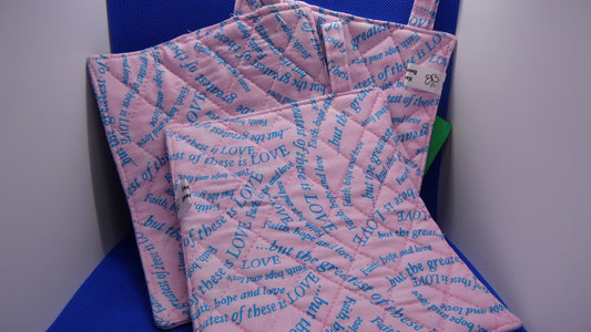 Pink and Blue Love Quotes Potholder